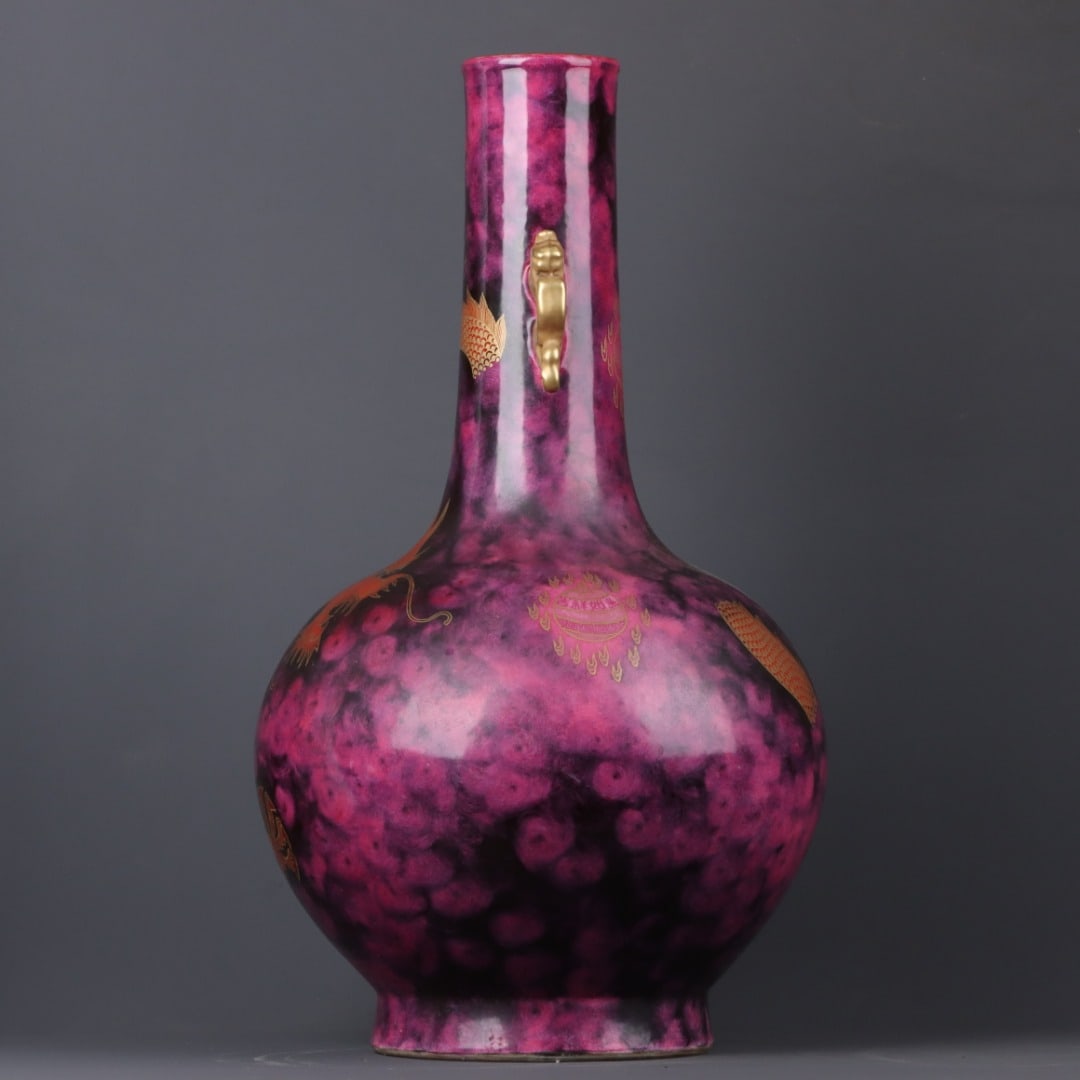 A Exquisite Ruby Red-Glazed Painted Gold Dragon Pattern Double-Ears Vase - 2