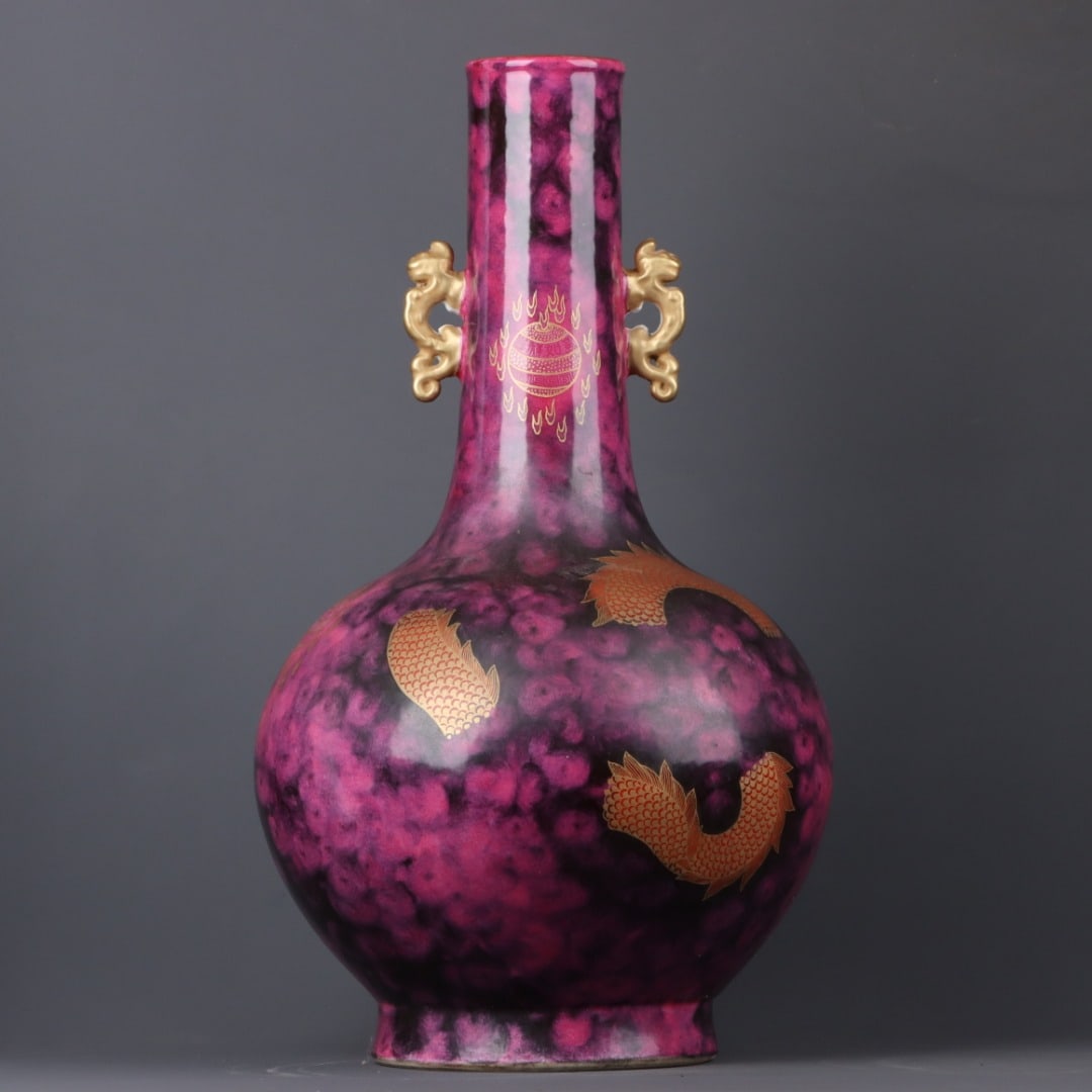 A Exquisite Ruby Red-Glazed Painted Gold Dragon Pattern Double-Ears Vase - 3