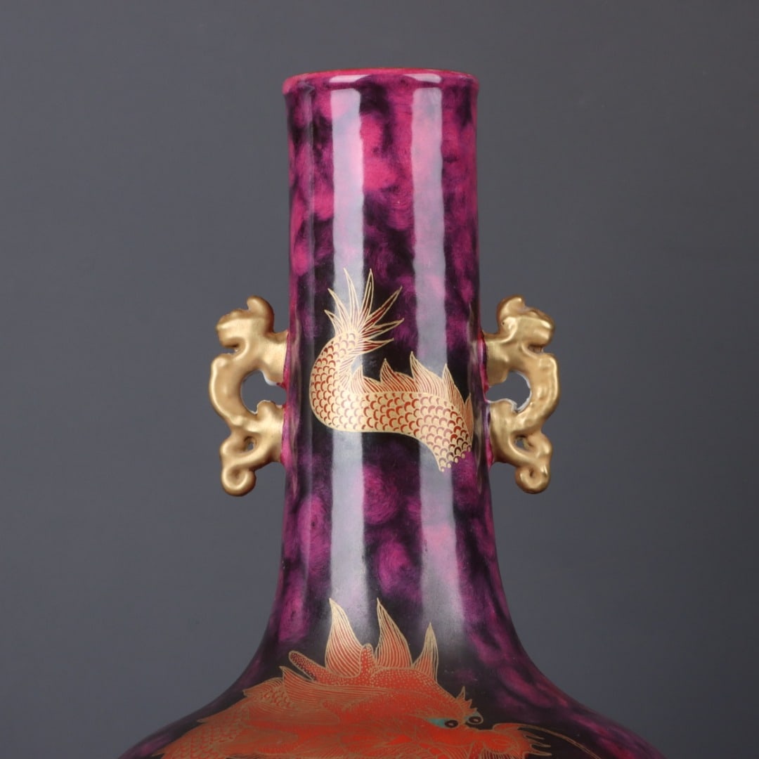 A Exquisite Ruby Red-Glazed Painted Gold Dragon Pattern Double-Ears Vase - 4