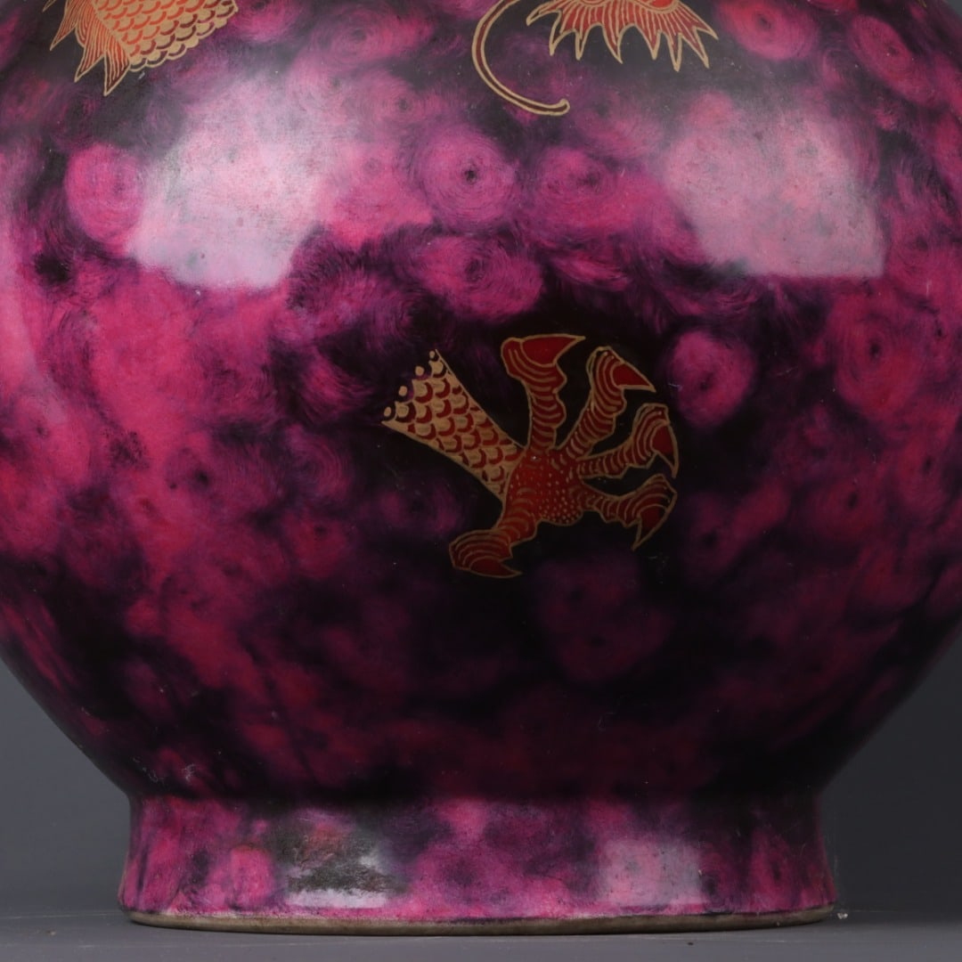 A Exquisite Ruby Red-Glazed Painted Gold Dragon Pattern Double-Ears Vase - 6