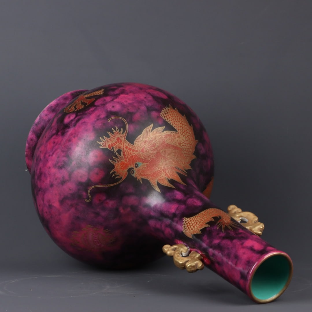 A Exquisite Ruby Red-Glazed Painted Gold Dragon Pattern Double-Ears Vase - 7