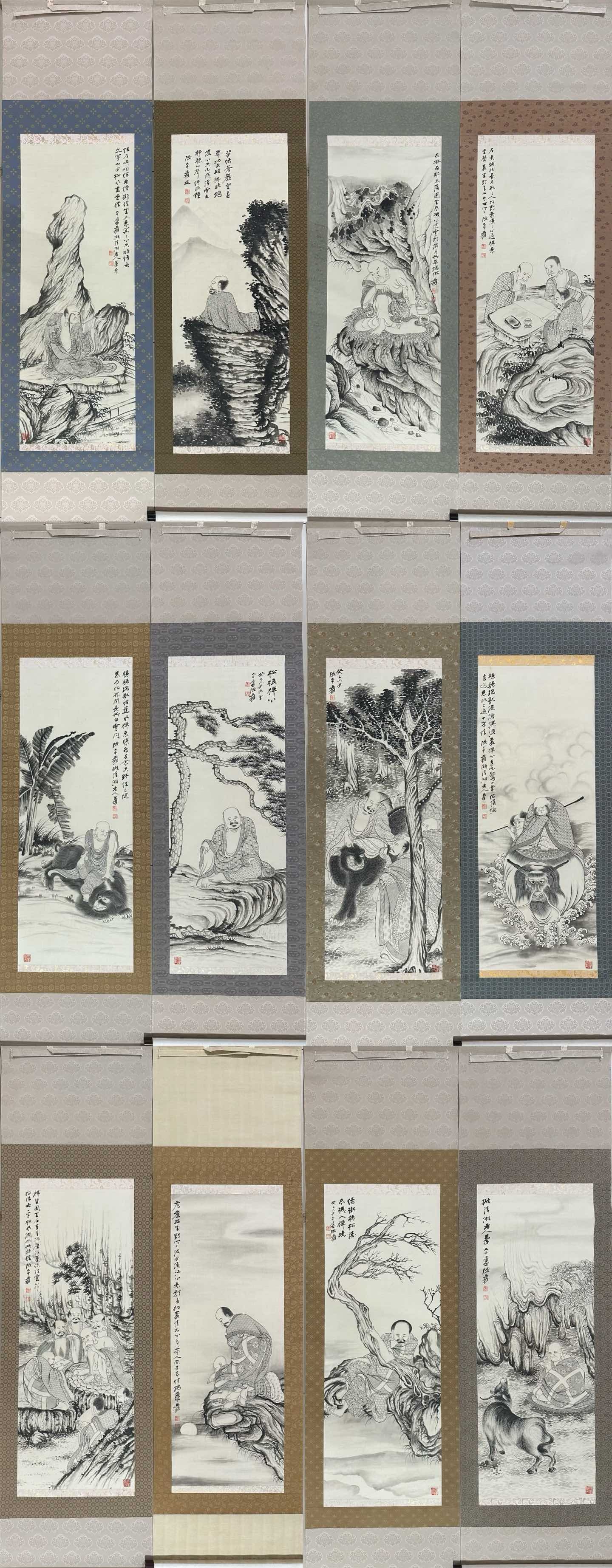 A Set of Chinese Vertical Scroll Ink Painting of Arhat on Paper: A Set of Chinese Vertical Scroll Ink Painting of Arhat on Paper,Modern Time of China,Zhang Daqian,without frame size:16.5inx40.9in 一套中国水墨纸本Ņ