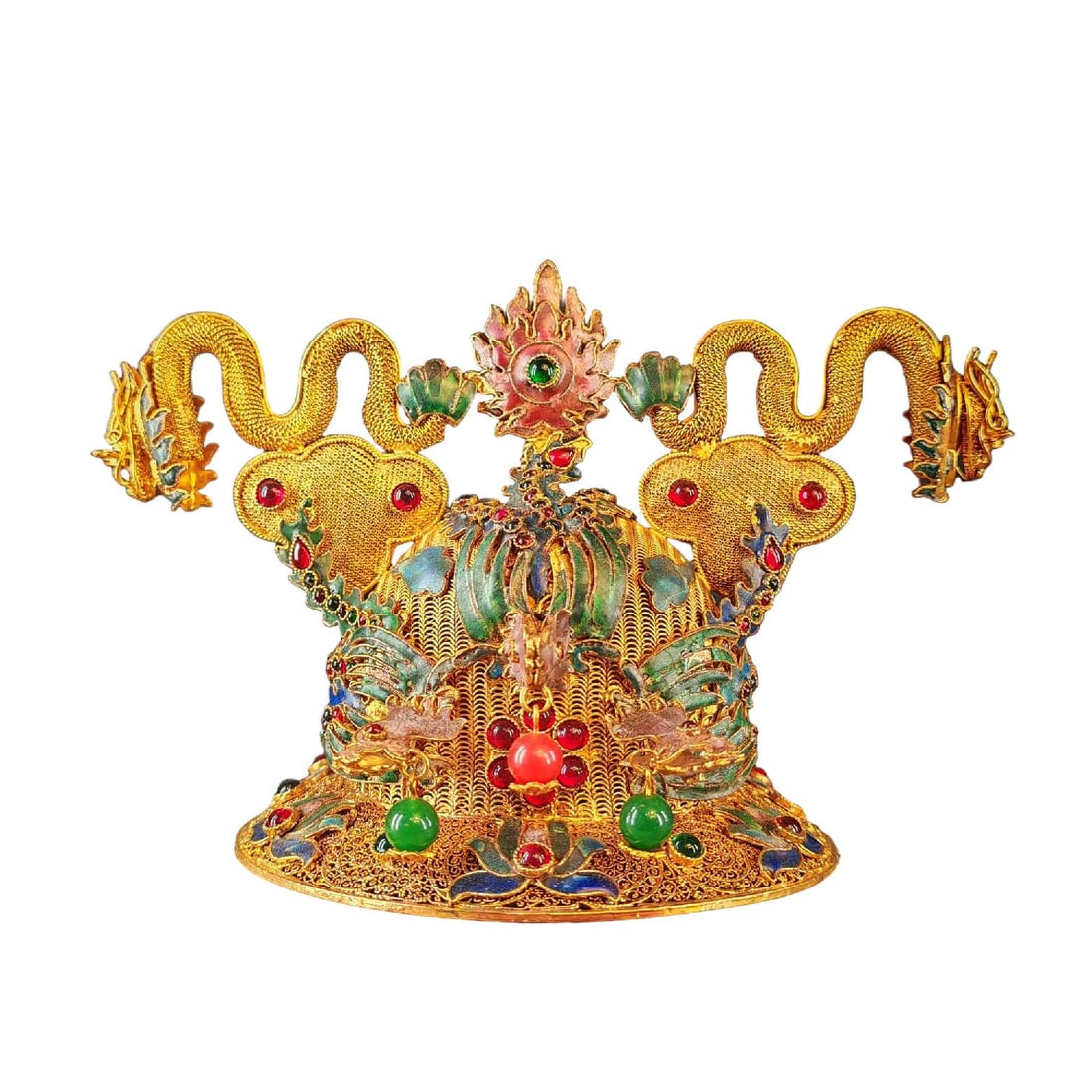 A Exquisite Cloisonne Inlaid Gems Hat Crown: A Exquisite Cloisonne Inlaid Gems Hat Crown,Qing Dynasty, China,Qianlong Four-character Mark,Size:5.1inx7.9in 掐丝嵌宝石帽冠,中国清代,