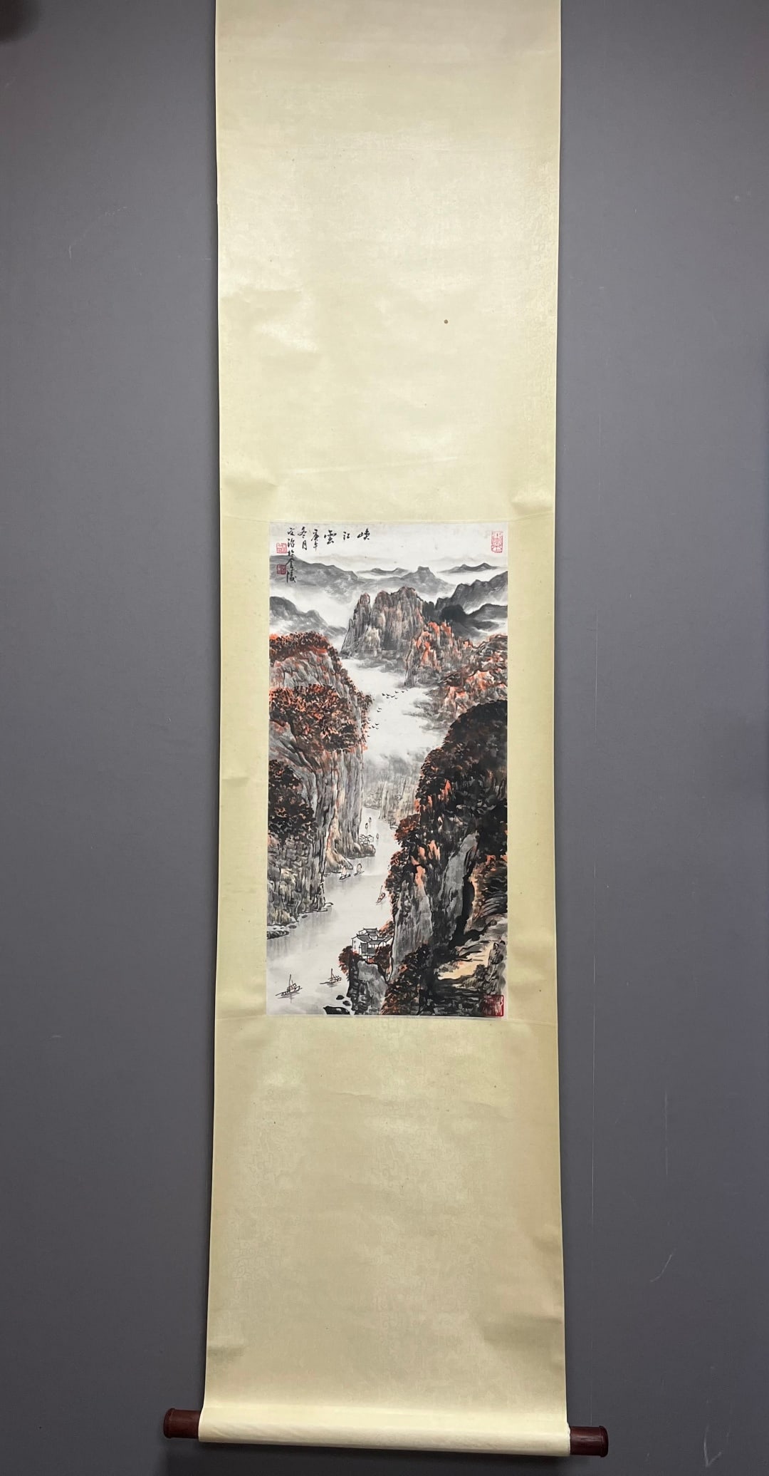 A Chinese Vertical Scroll Ink Painting of Landscape on Paper: A Chinese Vertical Scroll Ink Painting of Landscape on Paper,Modern Time of China,Song Wenzhi,without frame size:26.4inx13in 一幅中国水墨纸本山
