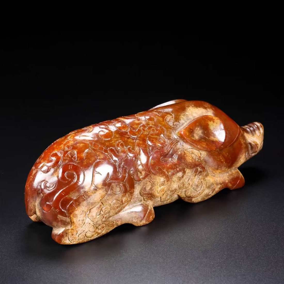 A Exquisite Hotan Jade Pig: A Exquisite Hotan Jade Pig,Han Dynasty, China,With Mark,Size:6.3inx1.6inx2.4in,Weight:700g 和田玉猪,中国汉代,带款