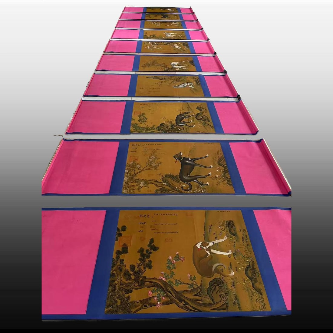 A Set of Chinese Vertical Scroll Ink Painting of Dog on Silk: A Set of Chinese Vertical Scroll Ink Painting of Dog on Silk,Qing Dynasty, China,Giuseppe Castiglione,without frame size:26.4inx34.6in 一套中国水墨绢本&
