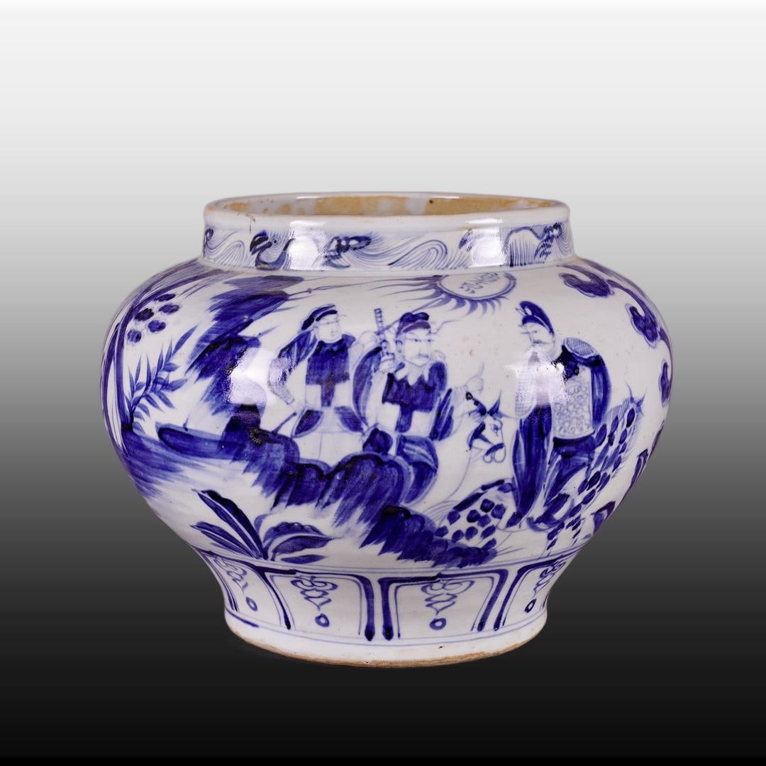 A Exquisite Blue and White Character and Story Pattern Jar: A Exquisite Blue and White Character and Story Pattern Jar,Yuan Dynasty, China,Size:9.8inx13in 青花人物故事纹罐,中国元代