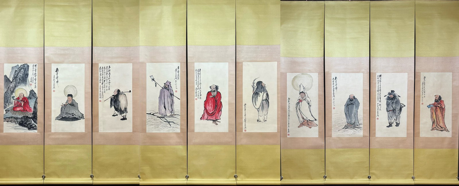 A Set of Chinese Vertical Scroll Ink Paintings of Arhat on Paper: A Set of Chinese Vertical Scroll Ink Paintings of Arhat on Paper,Modern Time of China,Wu Changshuo,without frame size:13inx26.8in 一套中国水墨纸本಻