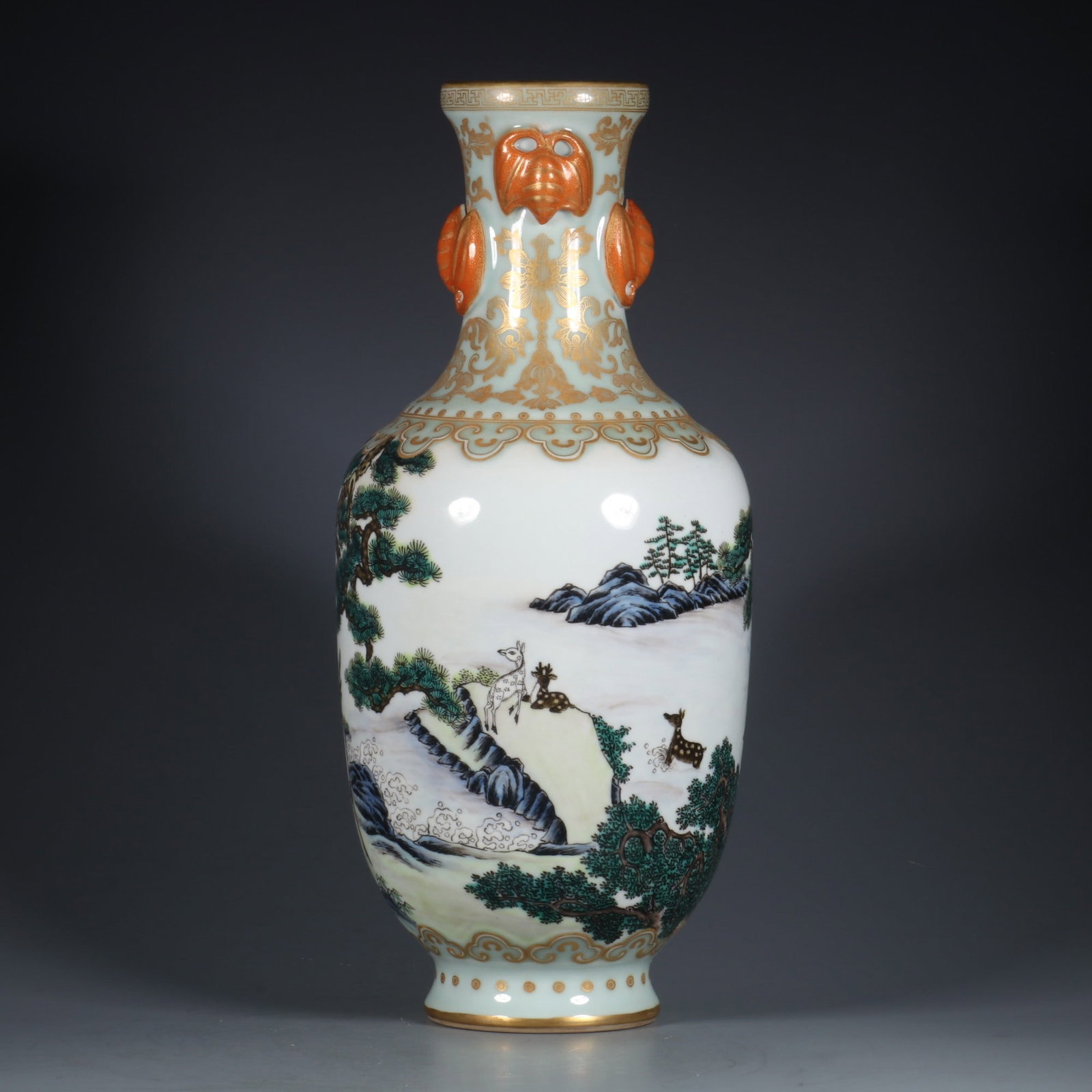 A Exquisite Famille-Rose Painted Gold Pine and Deer Pattern Bats Ear Vase - 2