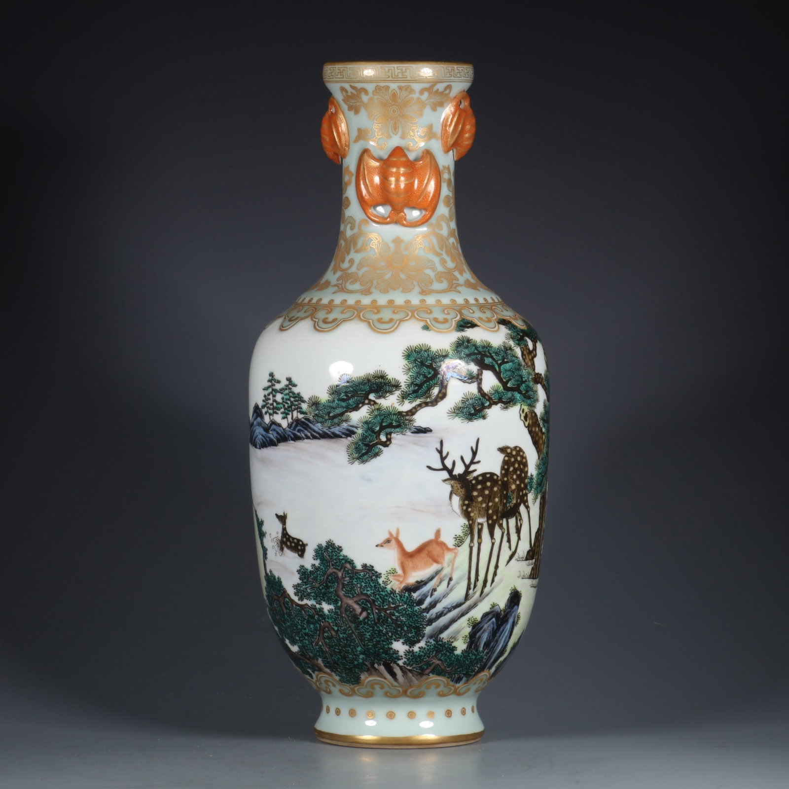 A Exquisite Famille-Rose Painted Gold Pine and Deer Pattern Bats Ear Vase - 3