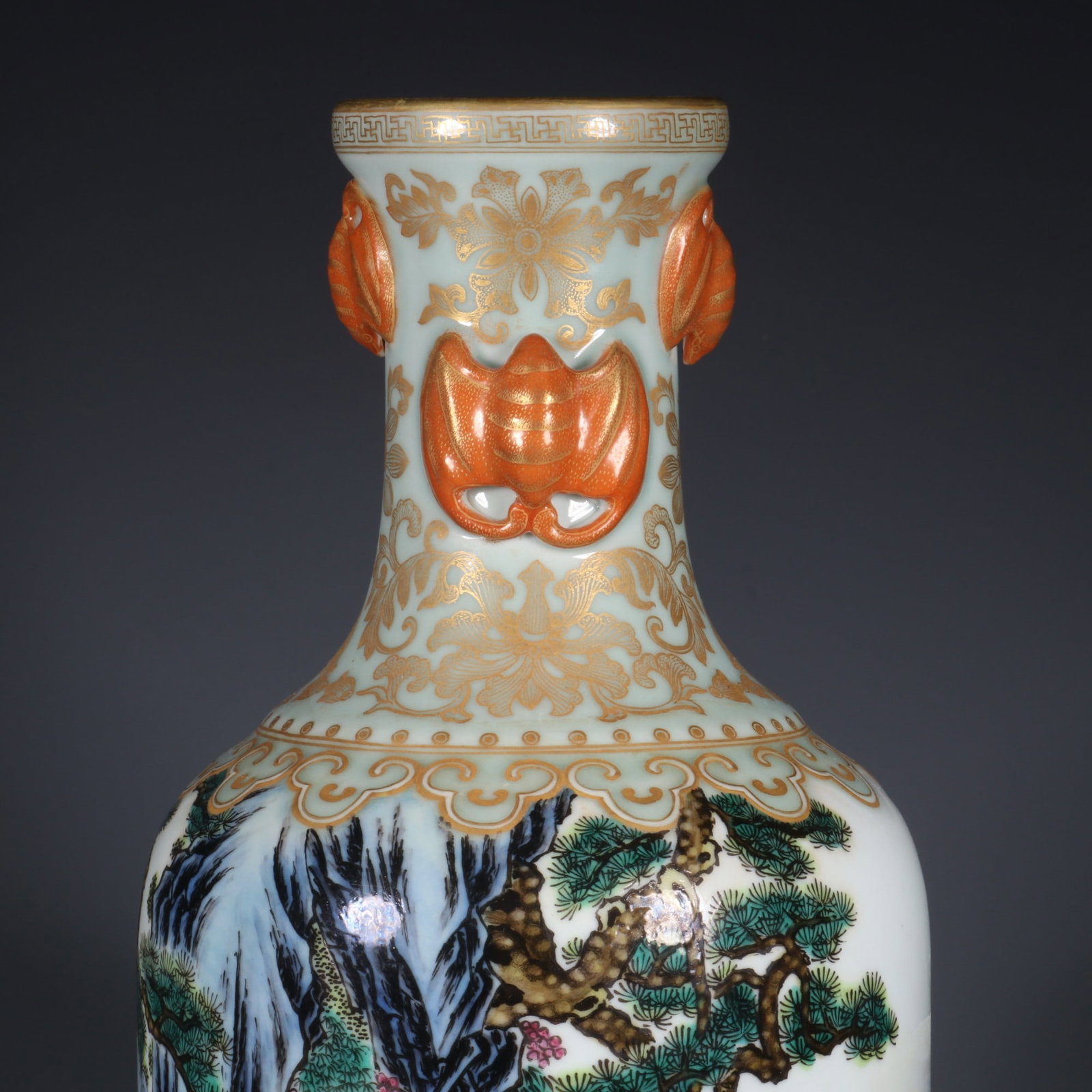 A Exquisite Famille-Rose Painted Gold Pine and Deer Pattern Bats Ear Vase - 4