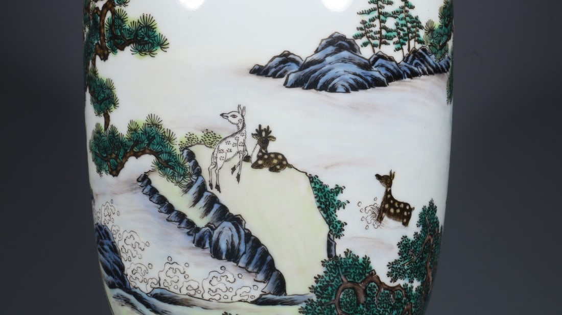 A Exquisite Famille-Rose Painted Gold Pine and Deer Pattern Bats Ear Vase - 7
