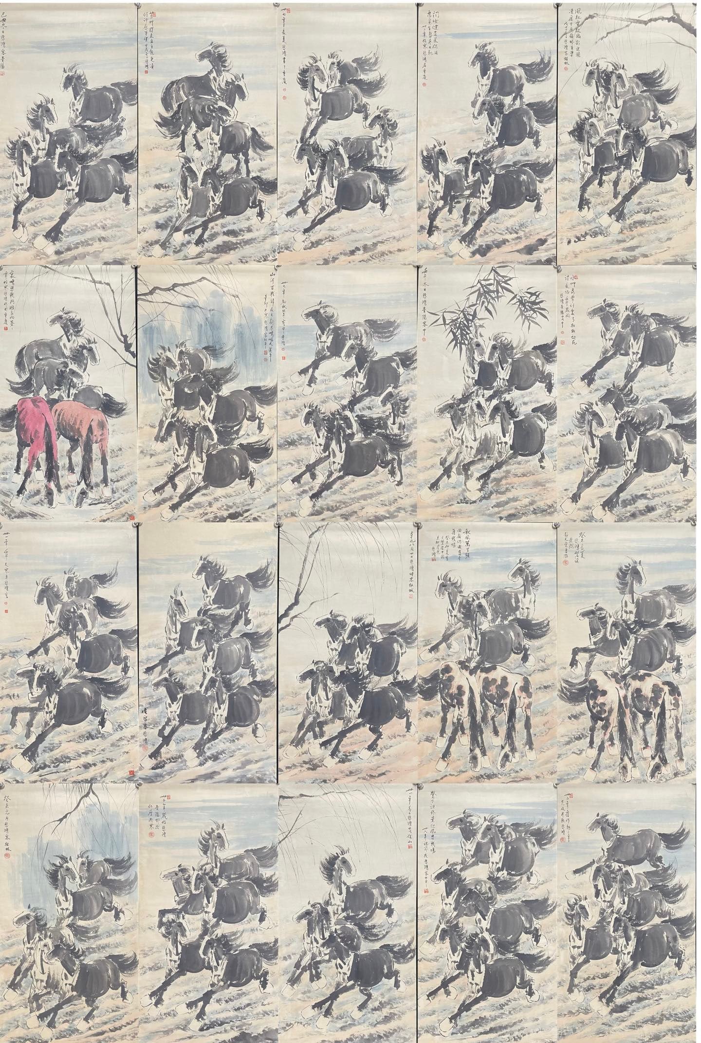 A Set of Chinese Ink Paintings of Horse on Paper: A Set of Chinese Ink Paintings of Horse on Paper,Modern Time of China,Xu Beihong,withoutframesize:26.8inx53.9in 一套中国水墨纸本马画,近