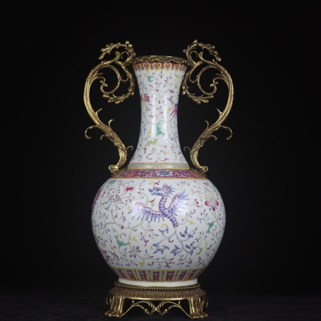 A Exquisite Famille-Rose Inlaid Copper Dragon and Phoenix Pattern Double-Ears Vase: A Exquisite Famille-Rose Inlaid Copper Dragon and Phoenix Pattern Double-Ears Vase,Qing Dynasty, China,Jiaqing Six-character Mark,Size:18.5inx4.7inx10.2inx6.9in 粉彩镶铜龙