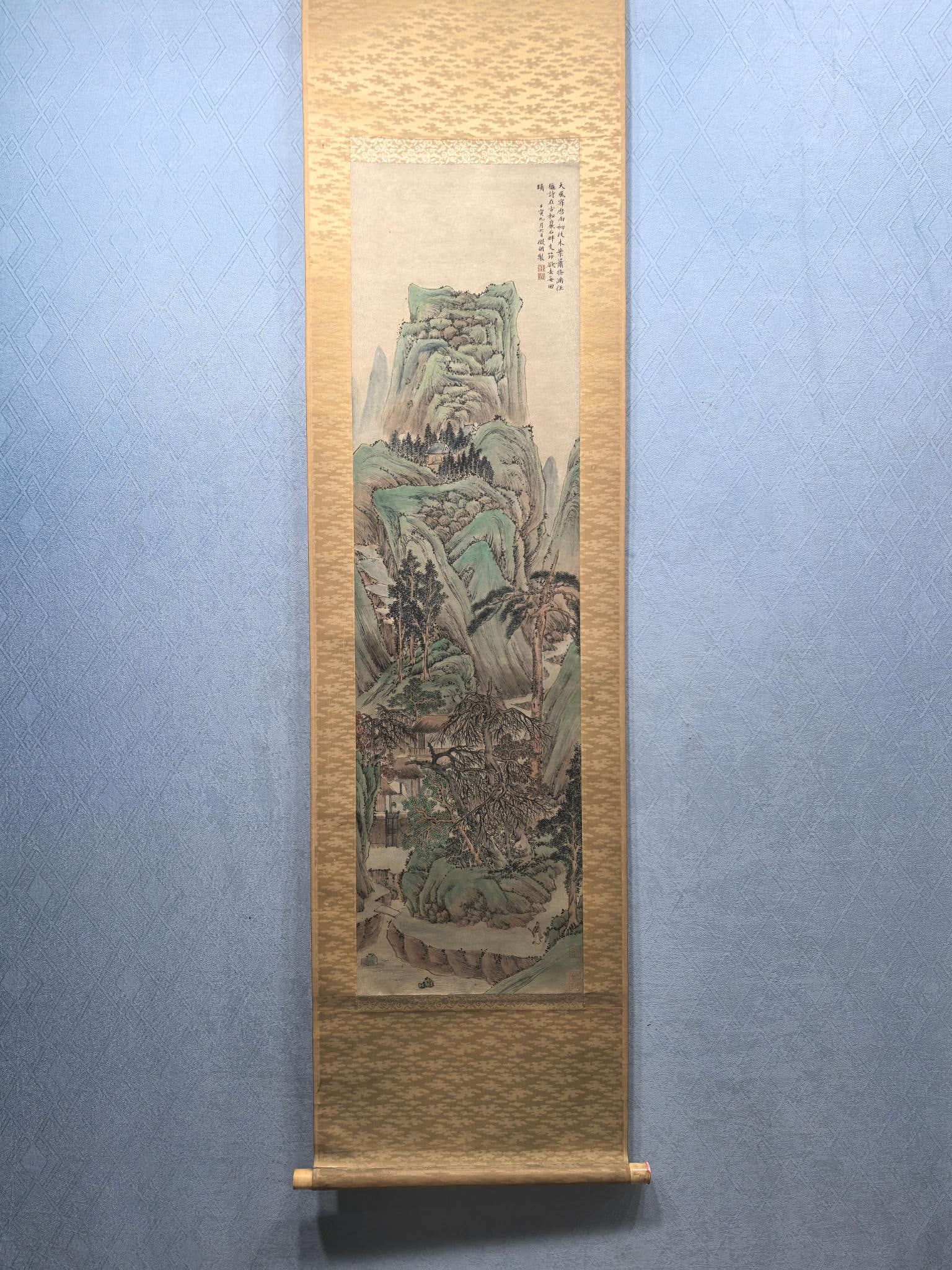 A Chinese Vertical Scroll Ink Painting of Landscape on Paper: A Chinese Vertical Scroll Ink Painting of Landscape on Paper,Ming Dynasty, China,Wen Zhengming,without frame size:13inx47in 一幅中国水墨纸本山