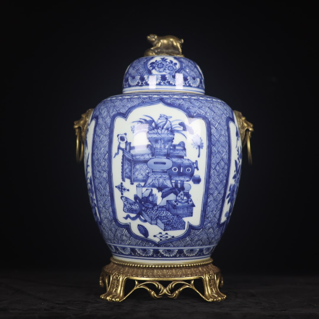 A Exquisite Blue and White Inlaid Copper Flower and Bird Pattern Jar: A Exquisite Blue and White Inlaid Copper Flower and Bird Pattern Jar,Qing Dynasty, China,Size:14.6inx4.1inx10.2inx7.1in 青花镶铜花鸟纹罐,中国