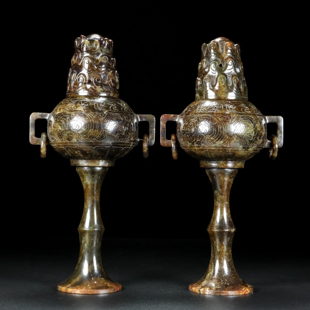 A pair of Exquisite Hotan Jade Figures Pattern Double-Ears Censer: A pair of Exquisite Hotan Jade Figures Pattern Double-Ears Censer,Han Dynasty, China,Size:9.8inx5.1inx3.5in ,Weight:1236g 一对和田玉人物纹双೑