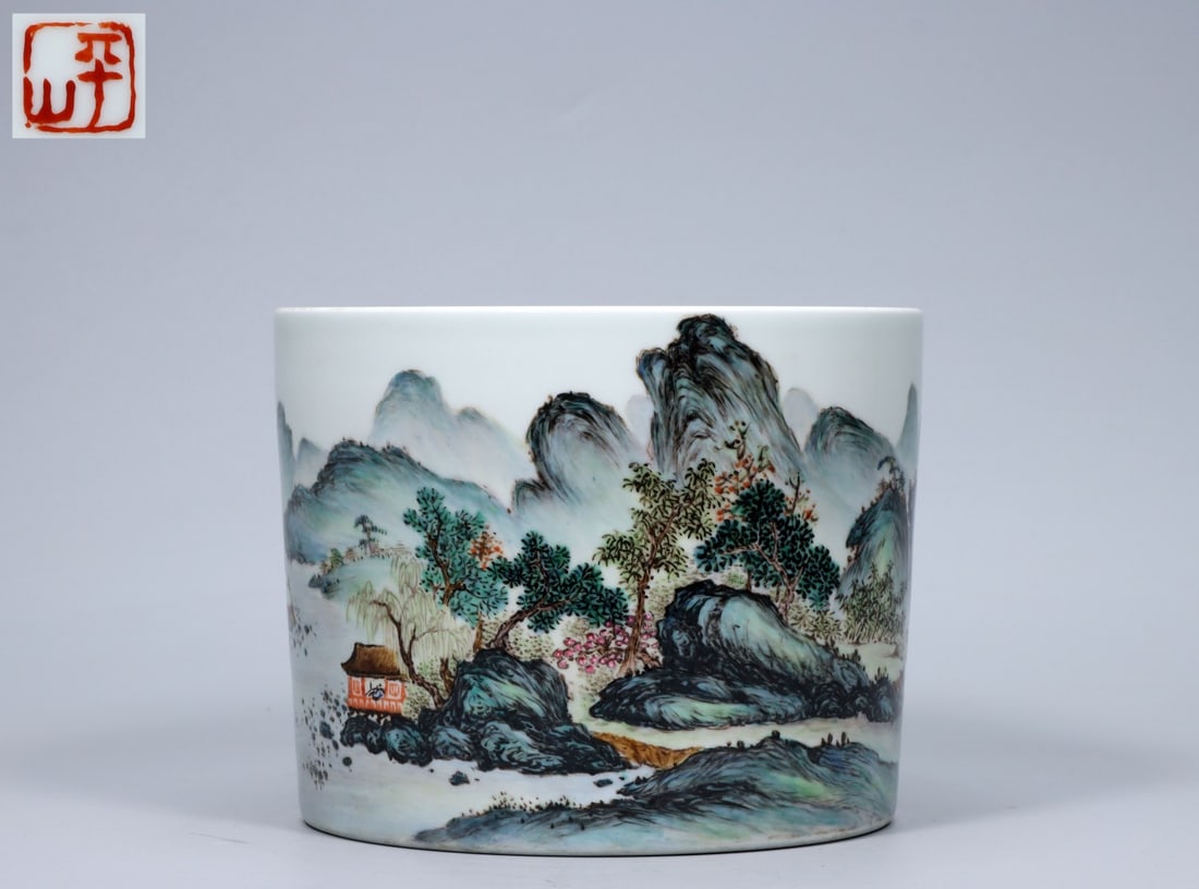 A Exquisite Famille-Rose Landscape and Figures Pattern Brush Pot: A Exquisite Famille-Rose Landscape and Figures Pattern Brush Pot,Republic of China,With Mark,Size:5.3inx6.7inx6.3in,Weight:1648g 粉彩山水人物纹笔筒