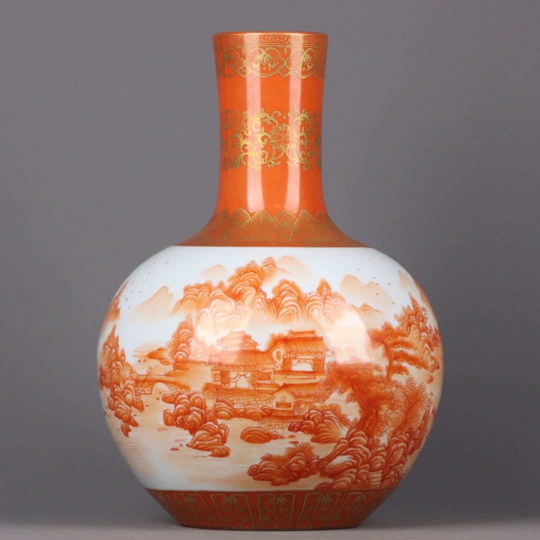 A Exquisite Iron-Red Painted Gold Landscape Character and Story Pattern Vase: A Exquisite Iron-Red Painted Gold Landscape Character and Story Pattern Vase,Qing Dynasty, China,Qianlong Six-character Mark,Size:15.9inx10.6in 矾红描金山水人
