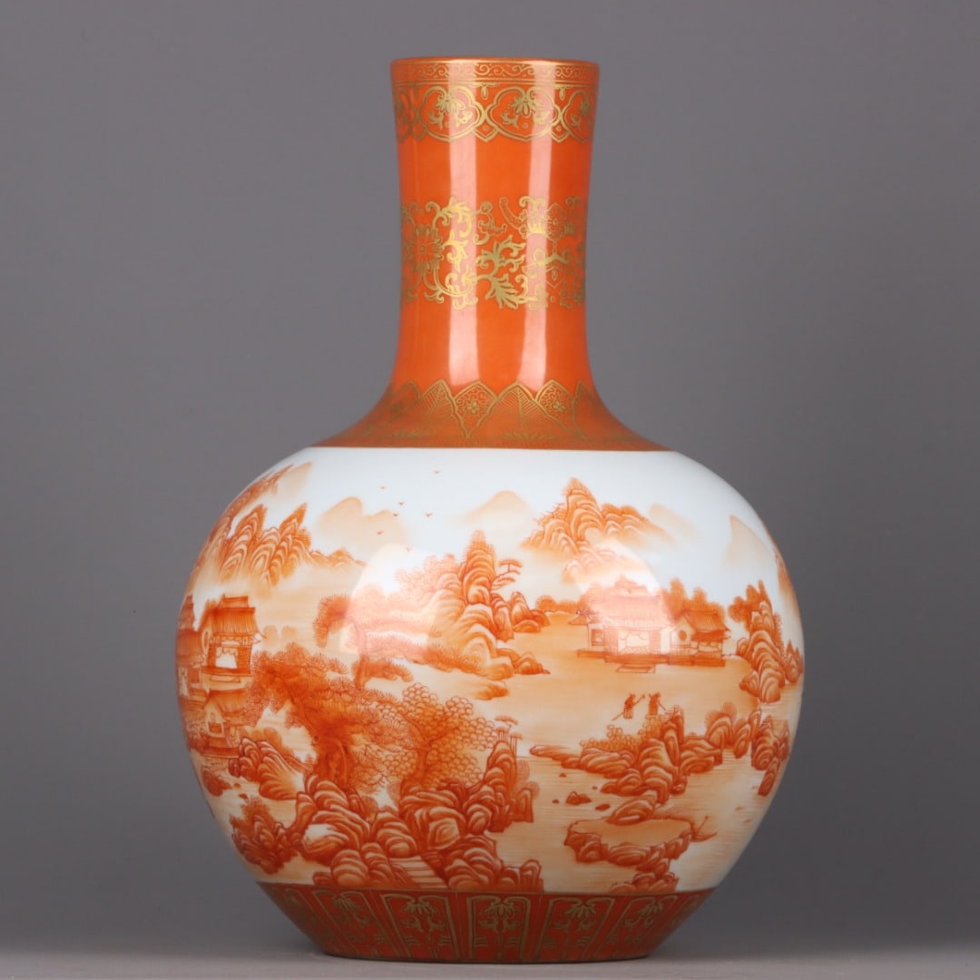 A Exquisite Iron-Red Painted Gold Landscape Character and Story Pattern Vase - 2