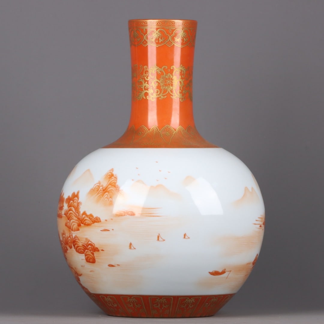 A Exquisite Iron-Red Painted Gold Landscape Character and Story Pattern Vase - 3