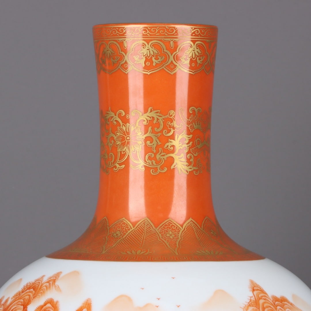 A Exquisite Iron-Red Painted Gold Landscape Character and Story Pattern Vase - 4