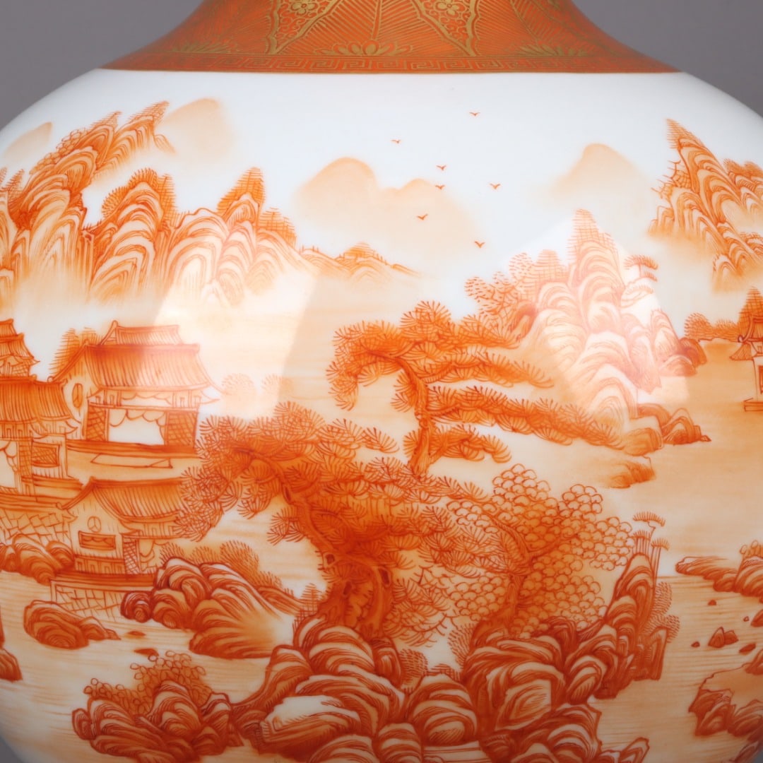 A Exquisite Iron-Red Painted Gold Landscape Character and Story Pattern Vase - 5