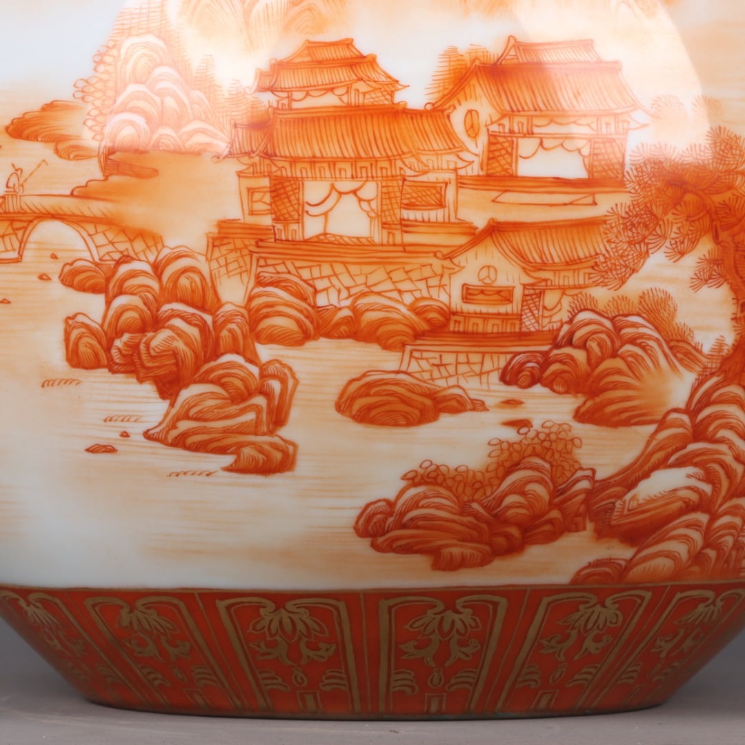 A Exquisite Iron-Red Painted Gold Landscape Character and Story Pattern Vase - 6