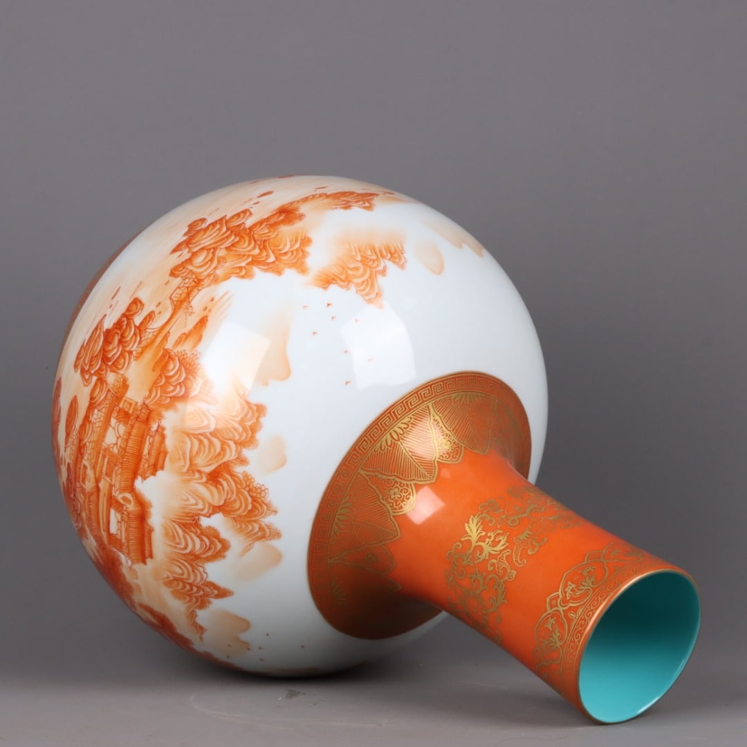 A Exquisite Iron-Red Painted Gold Landscape Character and Story Pattern Vase - 8
