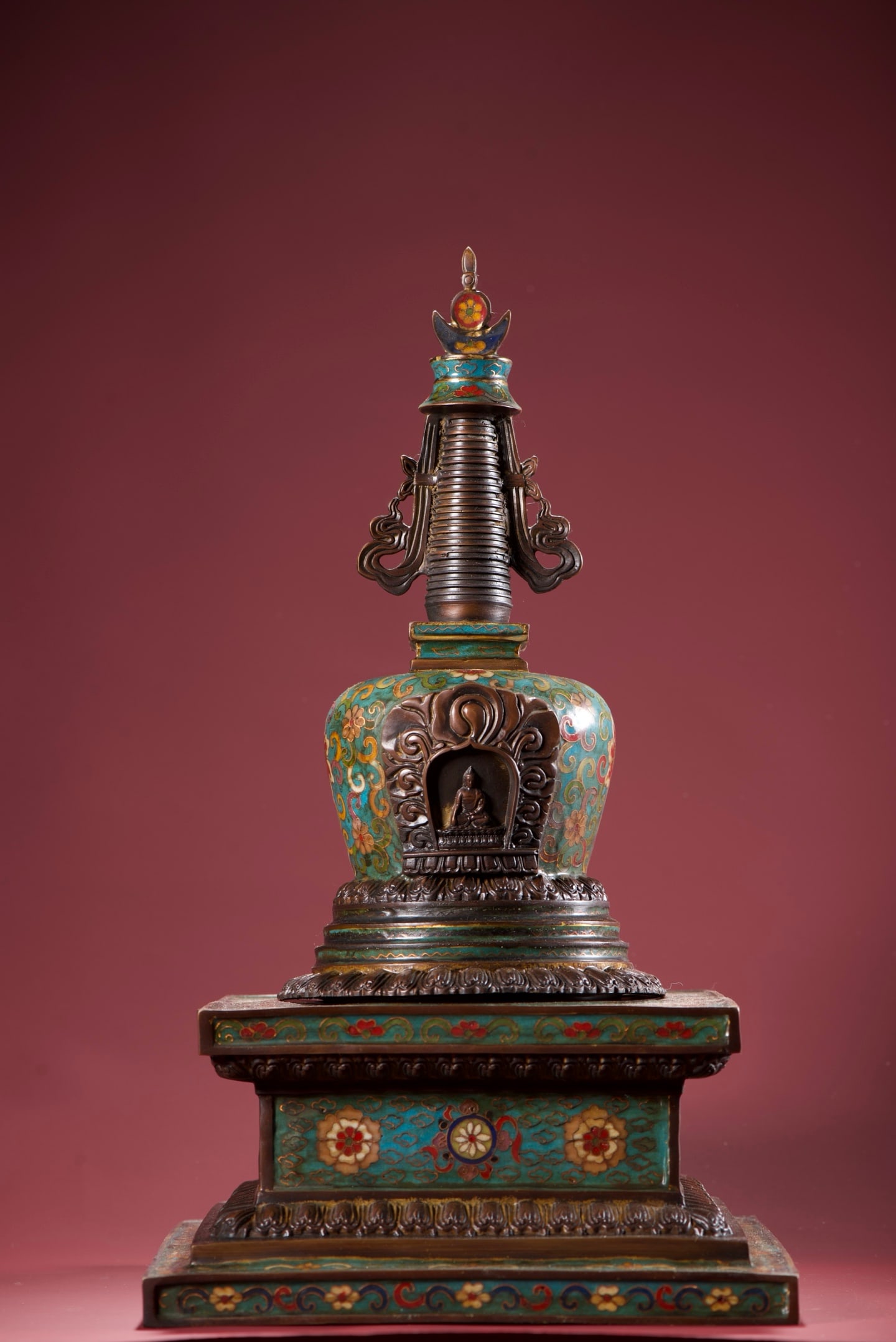 A Exquisite Cloisonne Lotus Pattern Pagoda: A Exquisite Cloisonne Lotus Pattern Pagoda,Ming Dynasty, China,Size:16.9inx9.8inx9.8in,Weight:6040g 景泰蓝缠枝莲纹佛塔,中国明