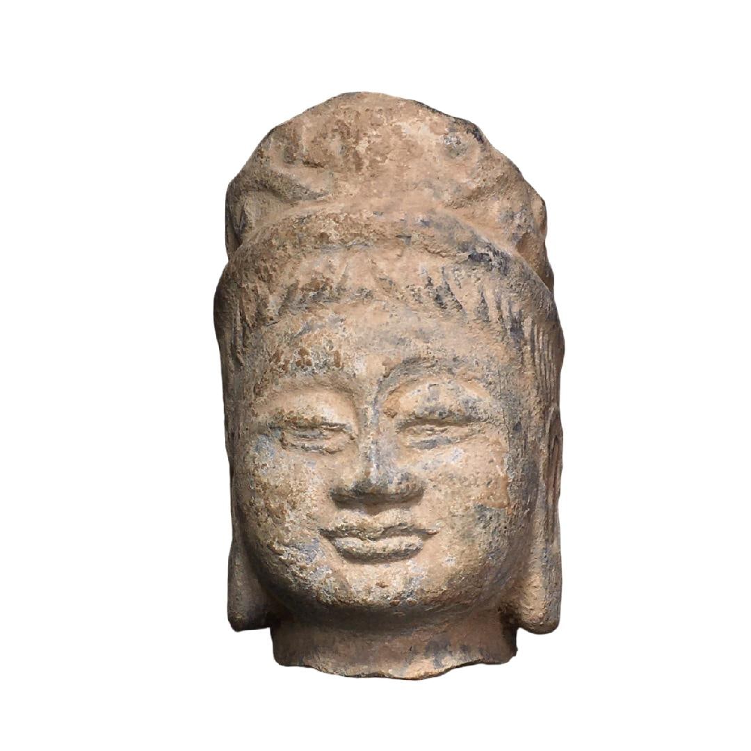 A Exquisite Limestone Buddha head Ornament: A Exquisite Limestone Buddha head Ornament,N.Qi Dynasty, China,Size:4.7inx3.1inx3.1in,Weight:750g 青石佛头摆件,北齐