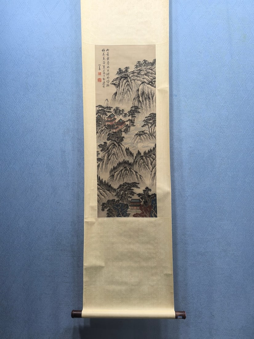 A Chinese Vertical Scroll Ink Painting of Landscape on Silk: A Chinese Vertical Scroll Ink Painting of Landscape on Silk,Modern Period of China,Pu Ru,without frame size:11.6inx32.8in 一幅中国水墨绢本山૒