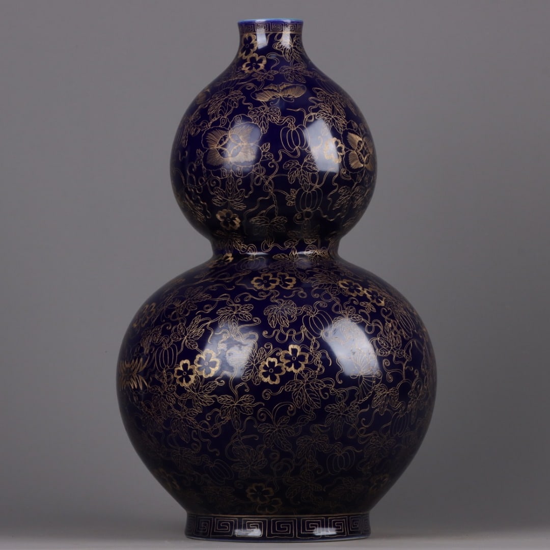 A Exquisite Ji Blue Glazed Cloisonne Flower and Butterfly Pattern Gourd Vase: A Exquisite Ji Blue Glazed Cloisonne Flower and Butterfly Pattern Gourd Vase,Qing Dynasty, China,Qianlong Six-character Mark,Size:17.3inx9.8in 霁蓝釉掐丝蝴蝶&