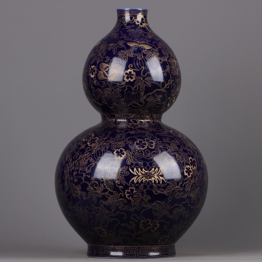 A Exquisite Ji Blue Glazed Cloisonne Flower and Butterfly Pattern Gourd Vase - 2