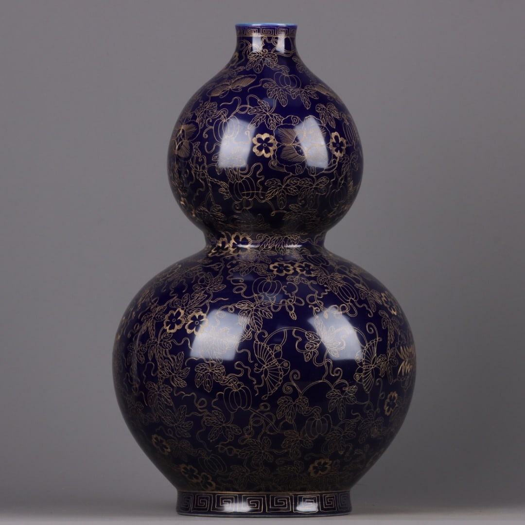 A Exquisite Ji Blue Glazed Cloisonne Flower and Butterfly Pattern Gourd Vase - 3