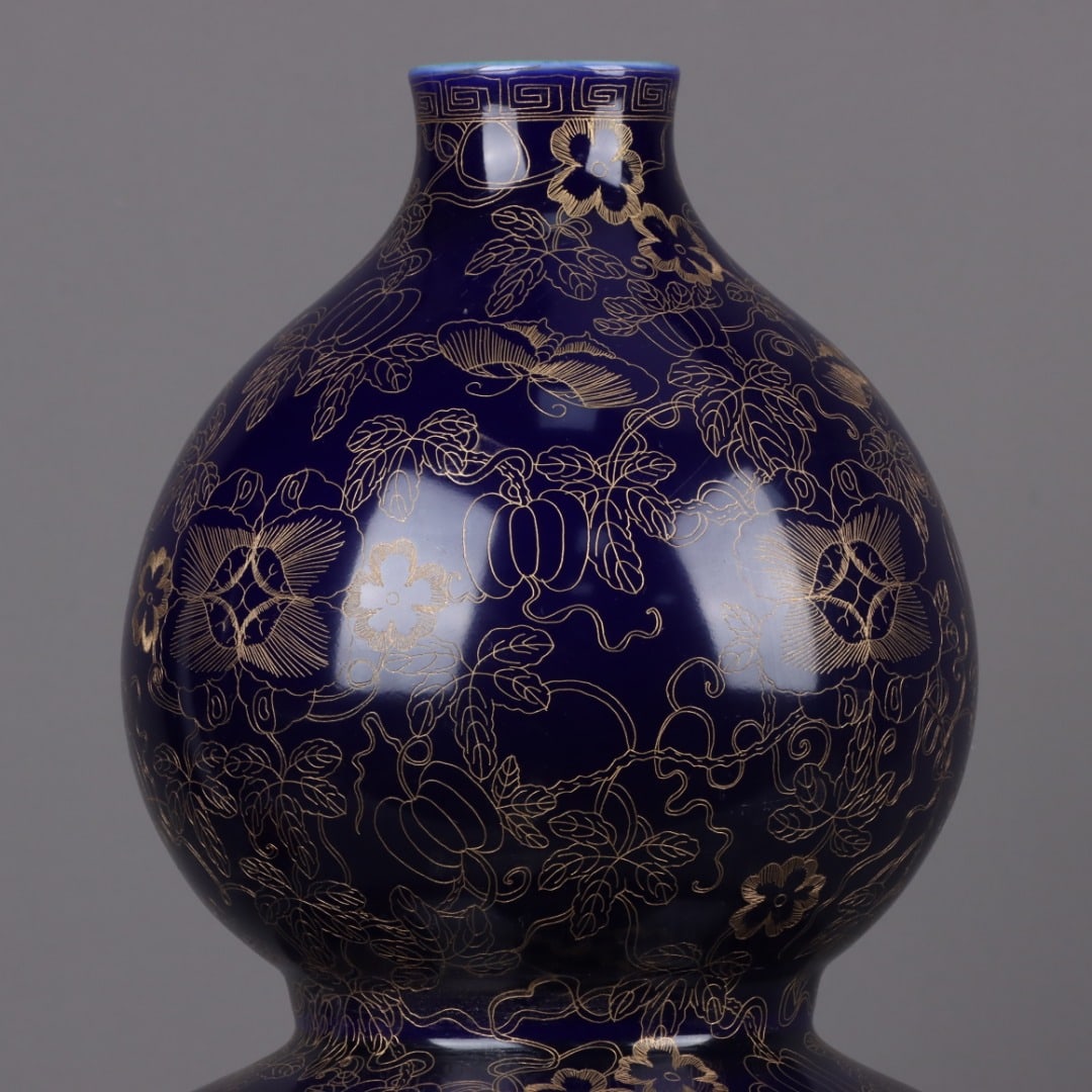 A Exquisite Ji Blue Glazed Cloisonne Flower and Butterfly Pattern Gourd Vase - 4