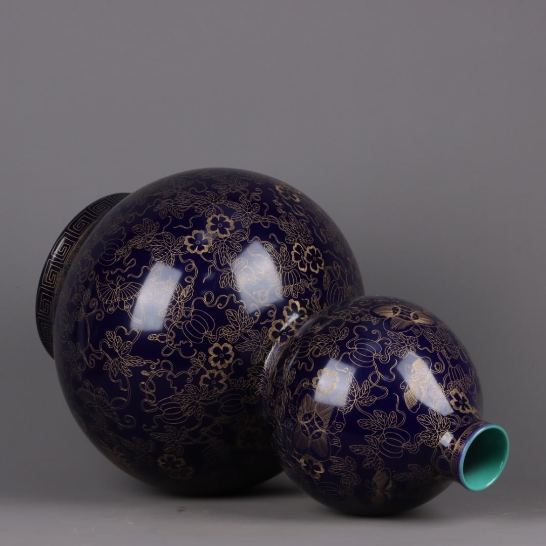 A Exquisite Ji Blue Glazed Cloisonne Flower and Butterfly Pattern Gourd Vase - 8