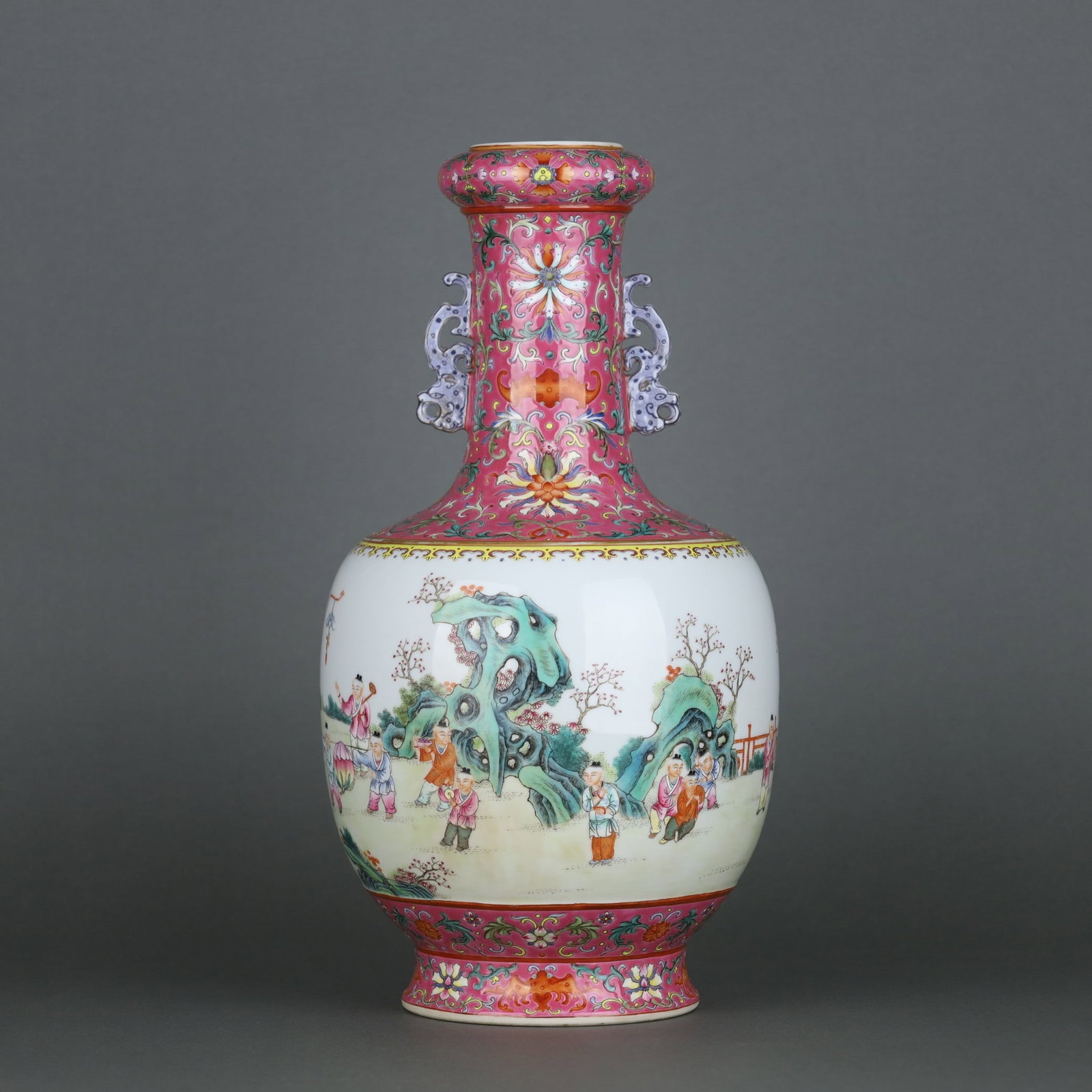 A Exquisite Ruby Red Ground Famille-Rose Figures Pattern Dragon-Ears Vase: A Exquisite Ruby Red Ground Famille-Rose Figures Pattern Dragon-Ears Vase,Qing Dynasty, China,Qianlong Six-character Mark,Size:13.6inx7.3in 胭脂红地粉彩人