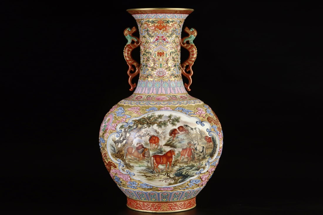 A Exquisite Enamel Gold Ground Painted Gold Horse Pattern Dragon-Ears Vase: A Exquisite Enamel Gold Ground Painted Gold Horse Pattern Dragon-Ears Vase,Qing Dynasty, China,Qianlong Six-character Mark,Size:23.8inx14.8in 珐琅彩金地描金&#