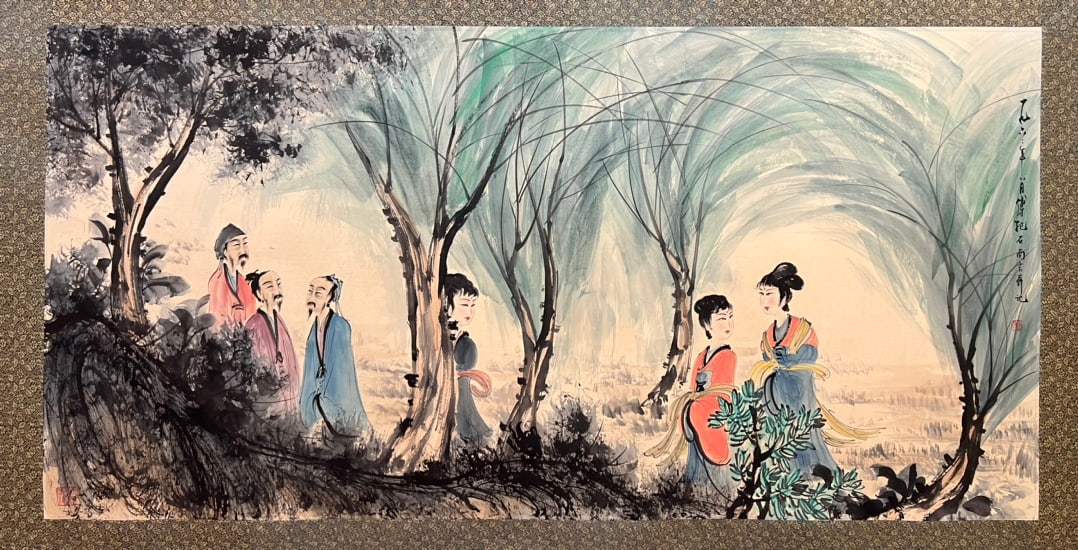 A Chinese Ink Painting of Figures on Paper: A Chinese Ink Painting of Figures on Paper,Modern Time of China,Fu Baoshi,without frame size:27.2inx54.7in 一幅中国水墨纸本人物画,$