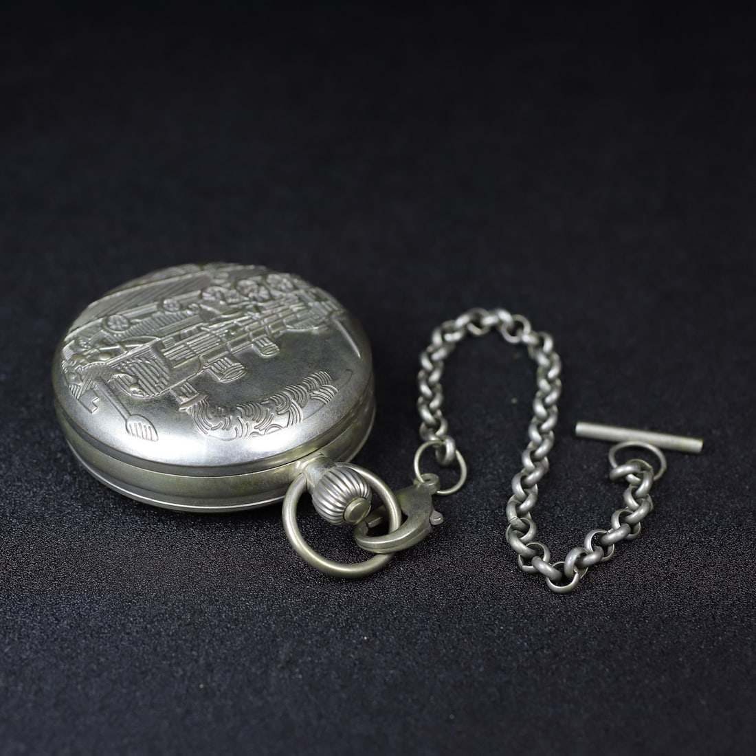 A Exquisite Silver Train Pattern Double Opening Pocket Watch - 10