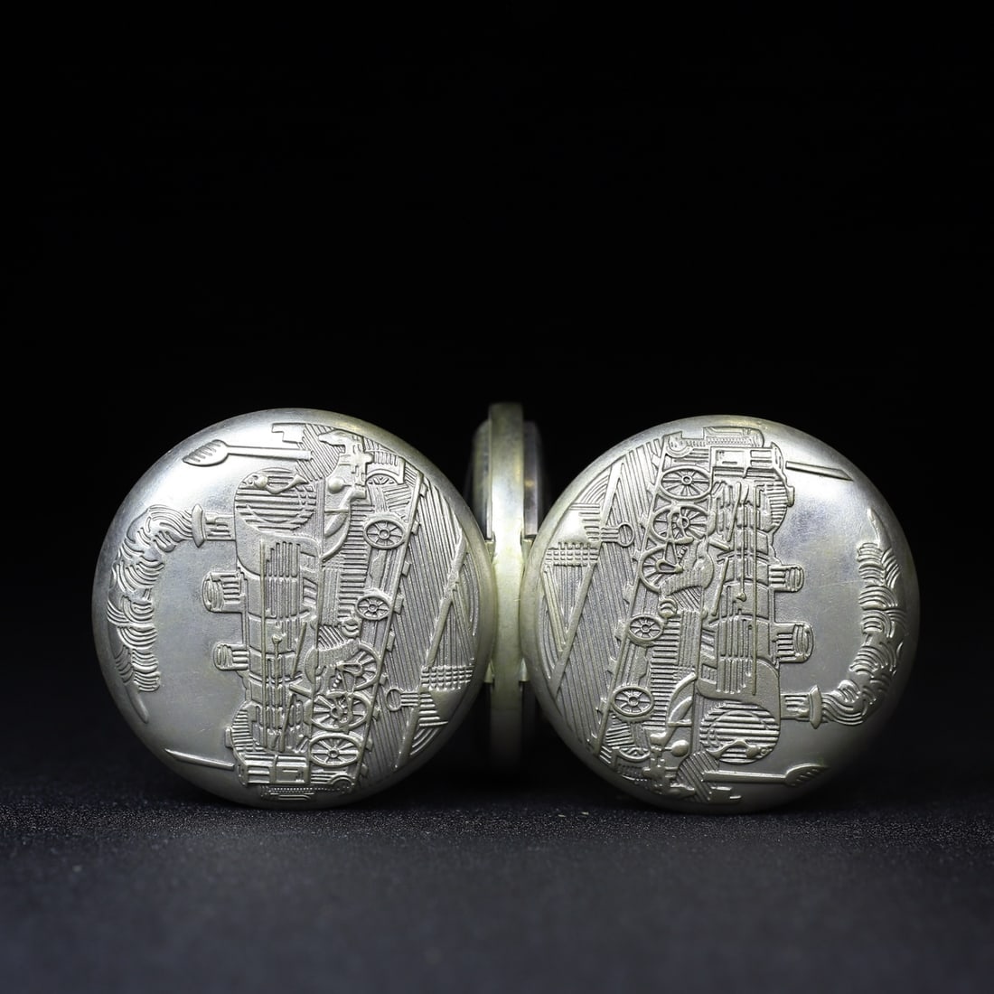 A Exquisite Silver Train Pattern Double Opening Pocket Watch - 9