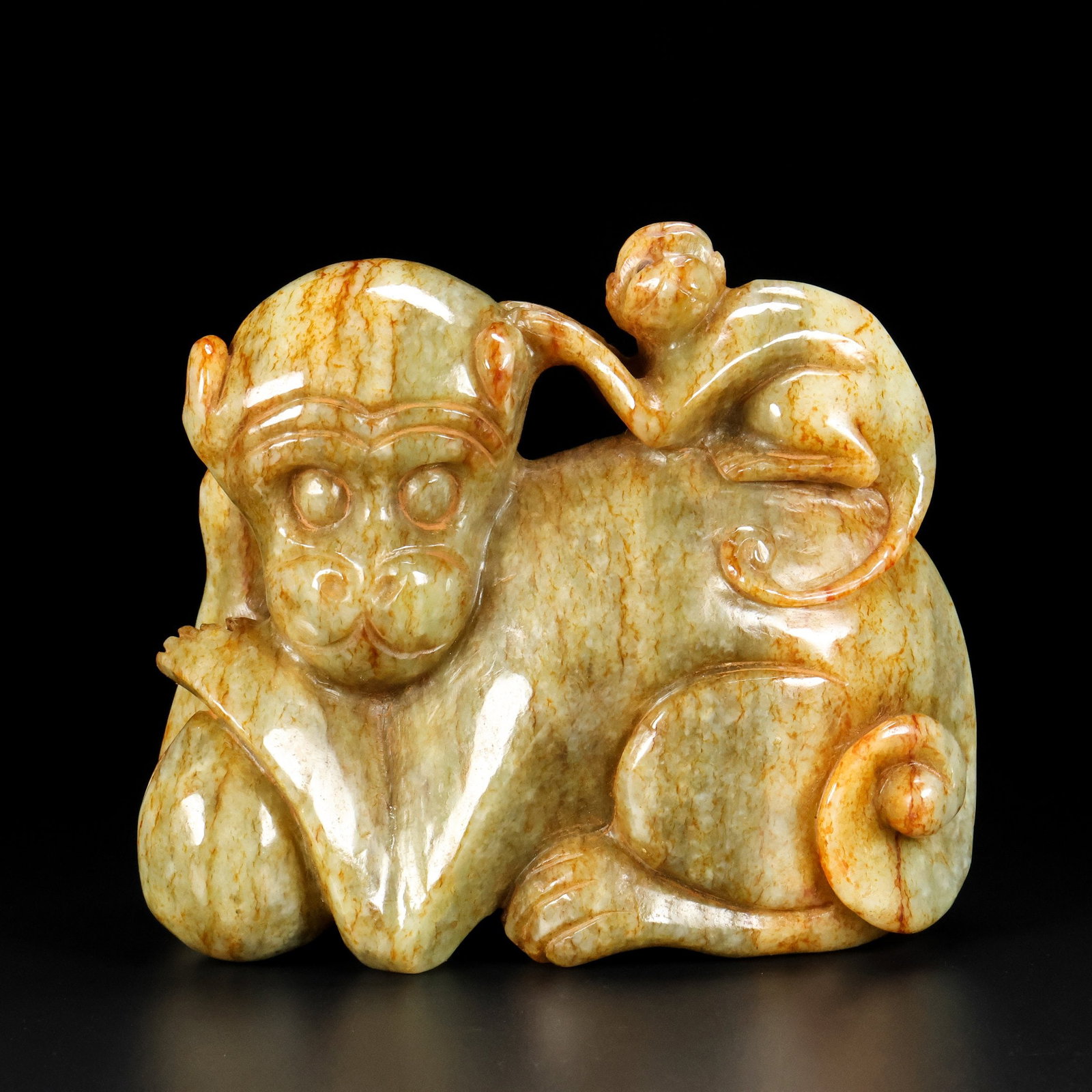 A Exquisite Hotan Jade Monkey Ornament: A Exquisite Hotan Jade Monkey Ornament,Han Dynasty, China,Size:5.5inx4.7inx2.4in ,Weight:1139g 和田玉猴摆件,中国汉代