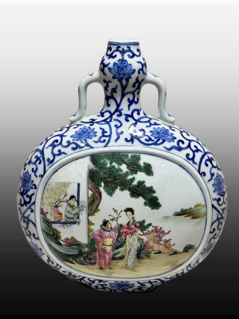 A Exquisite Blue and White Famille-Rose Character and Story Pattern Double-Ears Vase: A Exquisite Blue and White Famille-Rose Character and Story Pattern Double-Ears Vase,Qing Dynasty, China,Qianlong Six-character Mark,Size:10.9inx1.2inx8.9inx3.5in 青花粉彩É