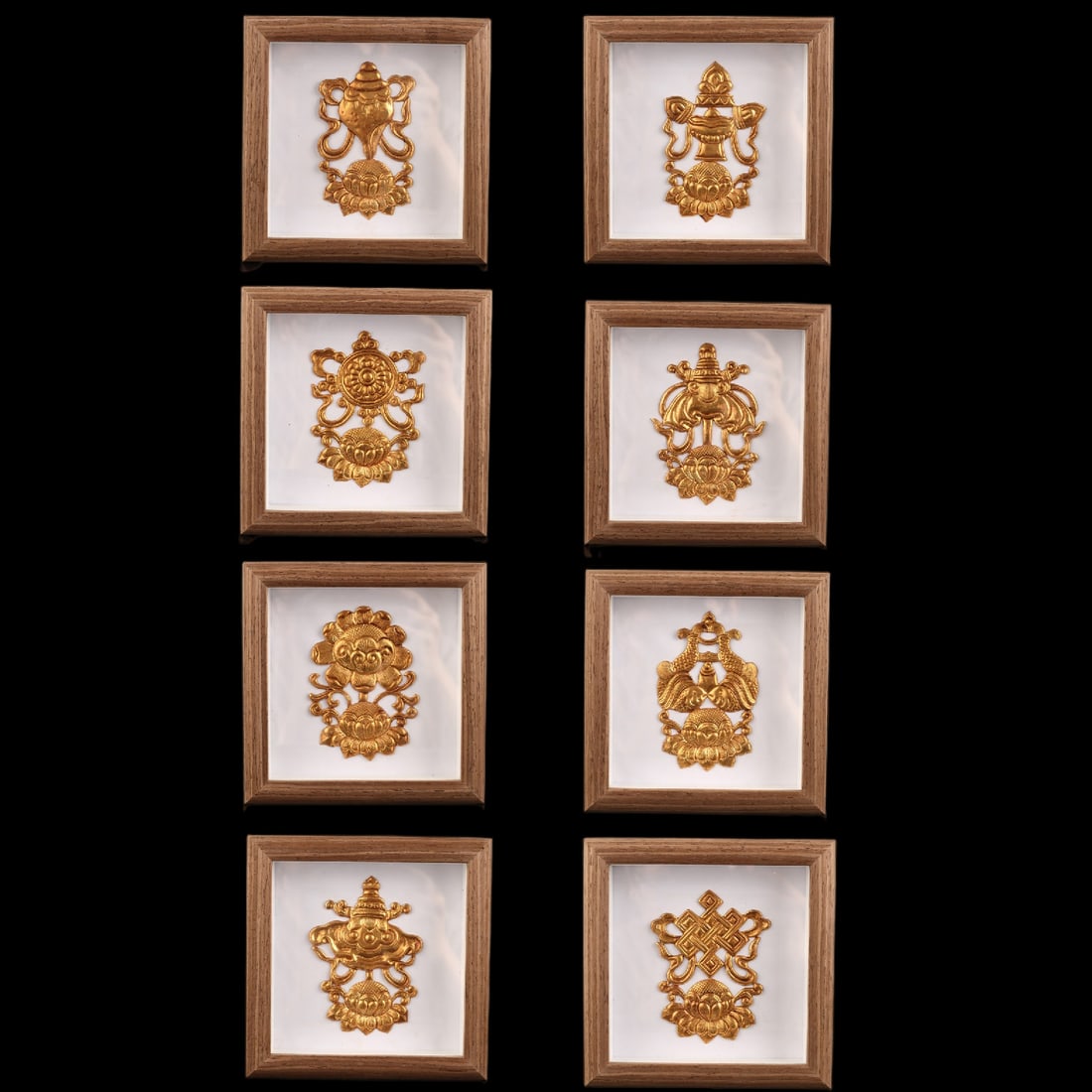 A Set of Exquisite Gilt Bronze Eight Treasures Pattern Ornament: A Set of Exquisite Gilt Bronze Eight Treasures Pattern Ornament,Tang Dynasty, China,Size:5.7inx5.7in(Frame),2.8inx3.5in(Pattern) 一套铜鎏金八宝纹摆