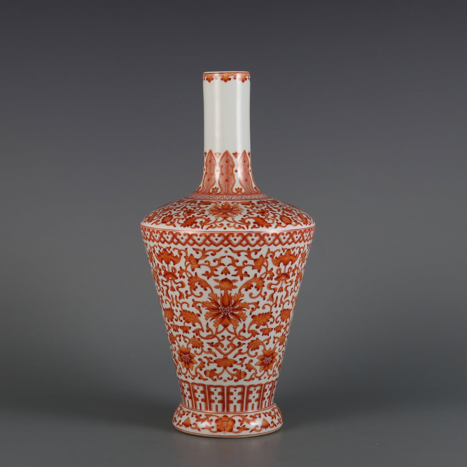 A Exquisite Iron-Red Lotus Pattern Vase: A Exquisite Iron-Red Lotus Pattern Vase,Qing Dynasty, China,Yongzheng Six-character Mark,Size:12.1inx5.9inx1.6in 矾红缠枝莲纹瓶,中国清ߣ