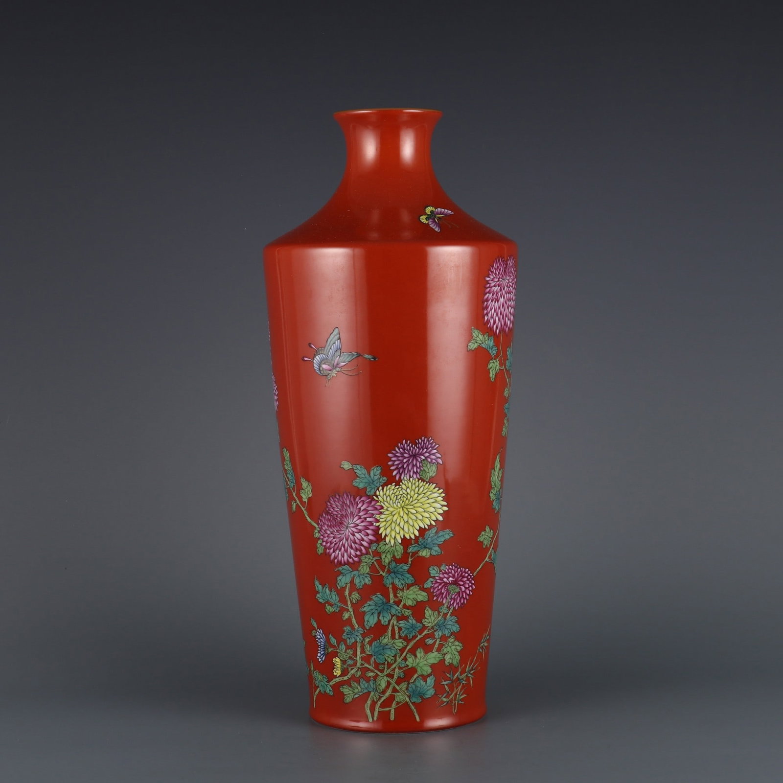 A Exquisite Coral Red Glazed Famille-Rose Flower and Butterfly Pattern Vase: A Exquisite Coral Red Glazed Famille-Rose Flower and Butterfly Pattern Vase,Qing Dynasty, China,Yongzheng Six-character Mark,Size:15inx2.6in 珊瑚红地粉彩蝴