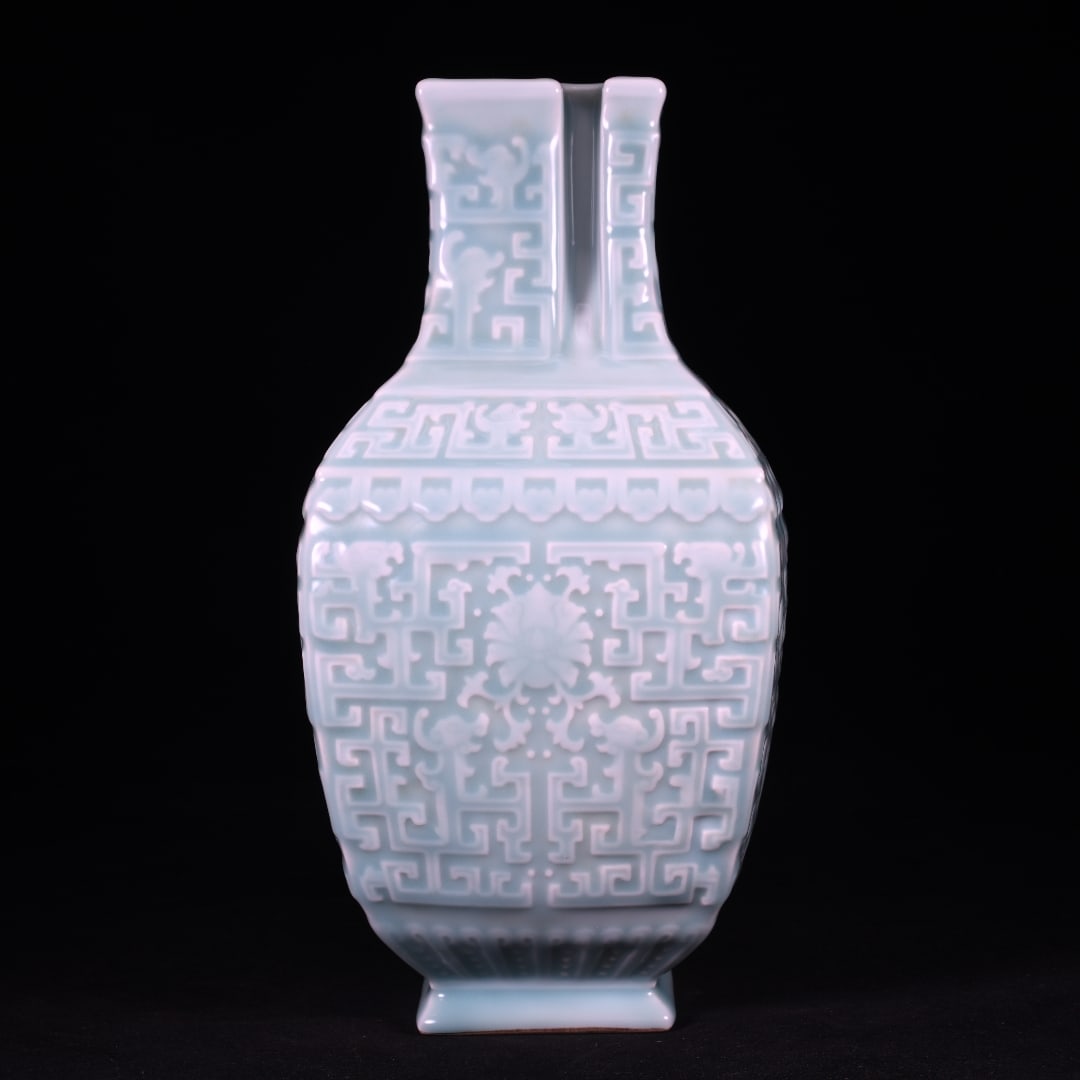 A Exquisite Sky Blue Glazed Flower Pattern Vase: A Exquisite Sky Blue Glazed Flower Pattern Vase,Qing Dynasty, China,Qianlong Six-character Mark,Size:12.6inx6.3in 天青釉花卉纹瓶,中国清É