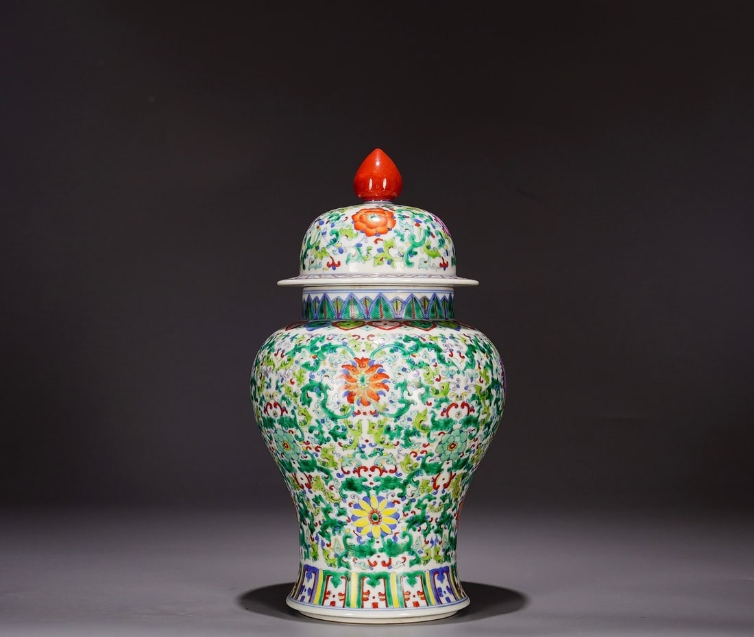 A Exquisite Blue and White Doucai Lotus Pattern Jar: A Exquisite Blue and White Doucai Lotus Pattern Jar,Qing Dynasty, China,Yongzheng Six-character Mark,Size:13.4inx7.5in 青花斗彩缠枝莲纹罐,中