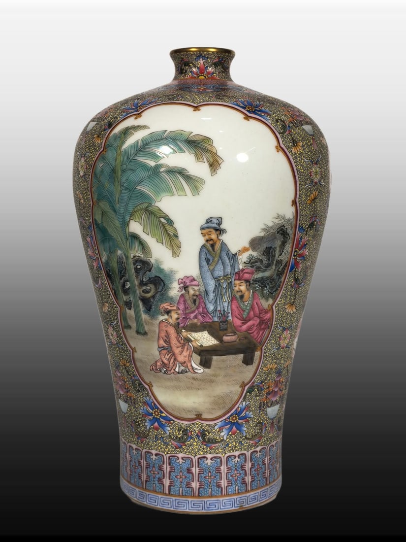 A Exquisite Famille-Rose Character and Story Pattern Vase: A Exquisite Famille-Rose Character and Story Pattern Vase,Qing Dynasty, China,Yongzheng Six-character Mark,Size:13inx1.8inx7.5inx4.7in 粉彩人物故事纹瓶,